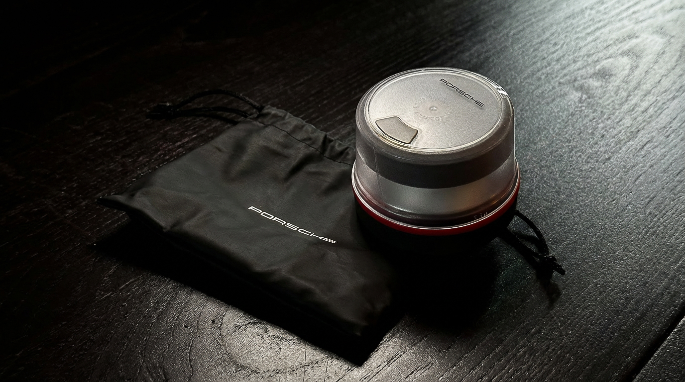 Accesorio Porsche con funda negra sobre mesa de madera
