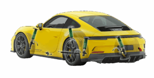 Porsche 911 amarillo con sistema de transporte exterior de bicicletas