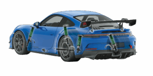 Porsche 911 azul con sistema de transporte exterior de bicicletas